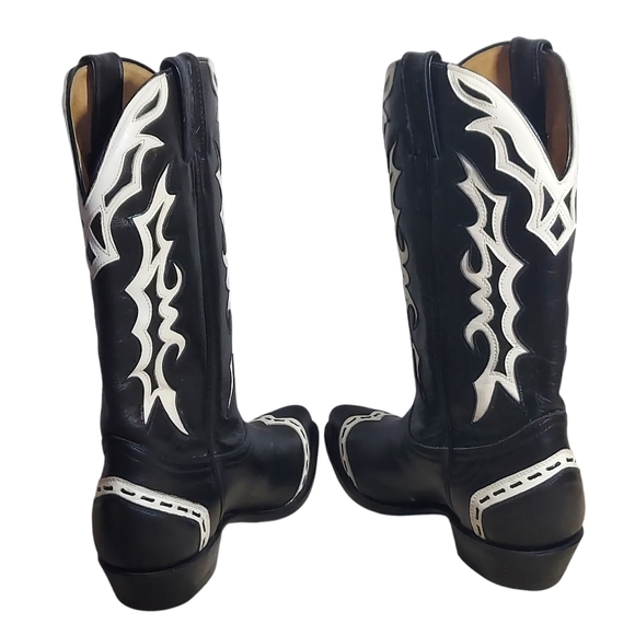 Boulet Black White Leather Glitter Overlays Pointed Toe Western Boots Women's - Picture 7 of 16
